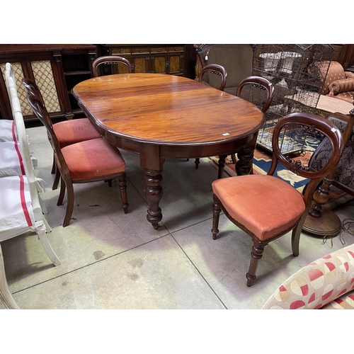 482 - Antique cedar turned leg extension dining table with two extra leaves, along with a set of six antiq... 