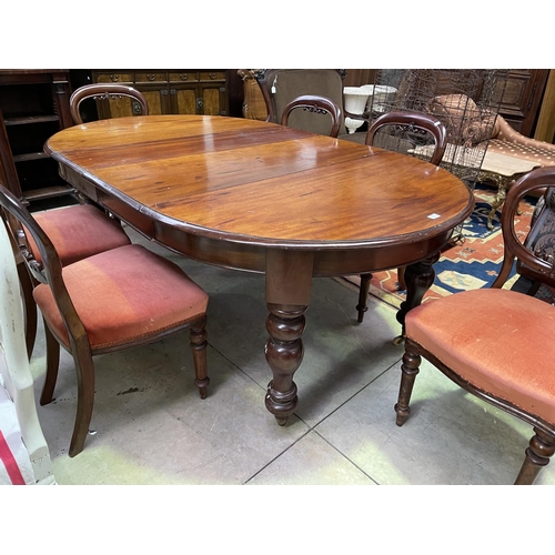 482 - Antique cedar turned leg extension dining table with two extra leaves, along with a set of six antiq... 