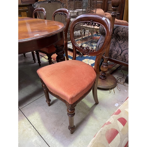 482 - Antique cedar turned leg extension dining table with two extra leaves, along with a set of six antiq... 