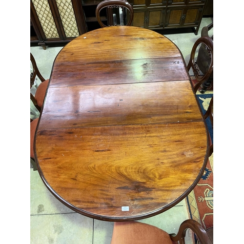 482 - Antique cedar turned leg extension dining table with two extra leaves, along with a set of six antiq... 