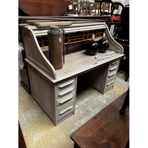 487 - Limewashed roll top desk, approx 125cm H x 152cm W x 83cm D