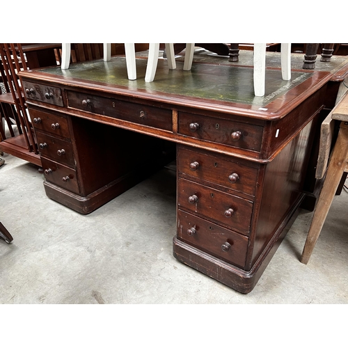 489 - Twin pedestal desk with green tooled leather, approx 77cm H x 137cm W x 75cm D