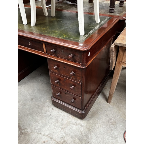 489 - Twin pedestal desk with green tooled leather, approx 77cm H x 137cm W x 75cm D