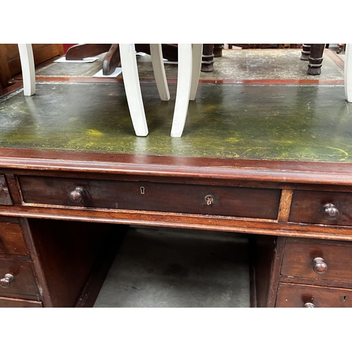 489 - Twin pedestal desk with green tooled leather, approx 77cm H x 137cm W x 75cm D