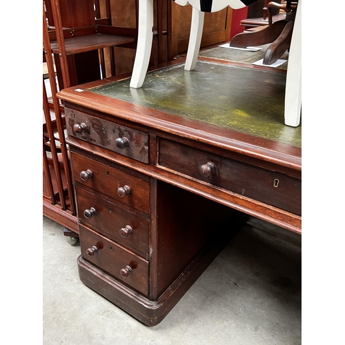 489 - Twin pedestal desk with green tooled leather, approx 77cm H x 137cm W x 75cm D