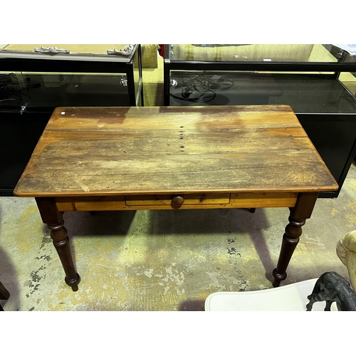 499 - Antique Australian cedar and pine turned leg kitchen table, fitted with a single drawer, approx 75cm... 