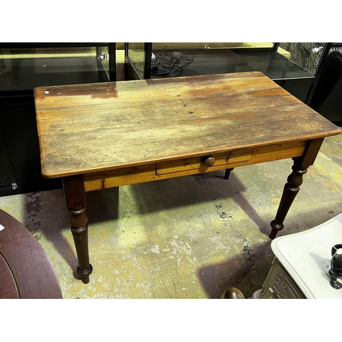 499 - Antique Australian cedar and pine turned leg kitchen table, fitted with a single drawer, approx 75cm... 