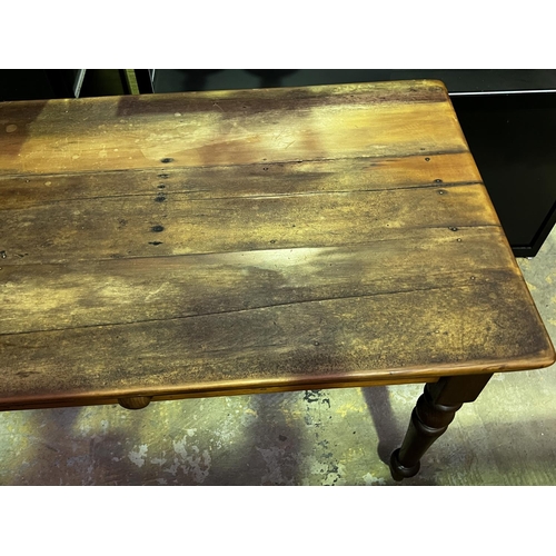 499 - Antique Australian cedar and pine turned leg kitchen table, fitted with a single drawer, approx 75cm... 