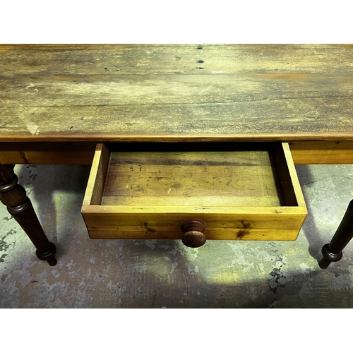 499 - Antique Australian cedar and pine turned leg kitchen table, fitted with a single drawer, approx 75cm... 