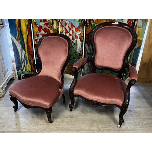 525 - Antique Victorian mahogany grandfather and grandmother chairs. (2)