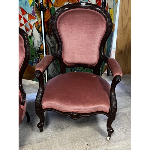 525 - Antique Victorian mahogany grandfather and grandmother chairs. (2)