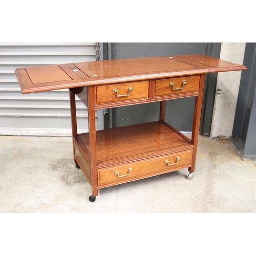 533 - Chinese drop side mobile servery, fitted with three drawers, approx 81 cm sides down, x 77 cm high x... 