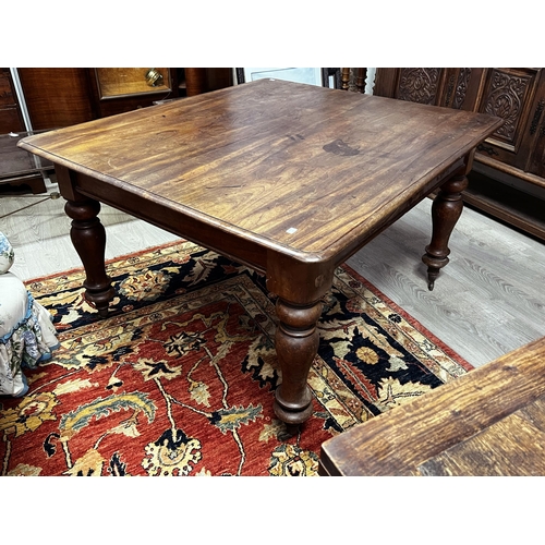 534 - Antique Australian cedar turned leg country table, (missing a wheel), approx 76cm H x 133cm W x 117c... 