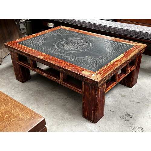 545 - Large thick leg support Chinese low table with inset carved stone top, approx 48.5cm H x 127cm L x 9... 