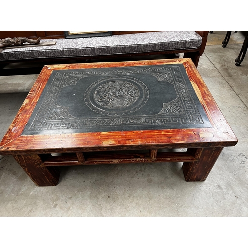 545 - Large thick leg support Chinese low table with inset carved stone top, approx 48.5cm H x 127cm L x 9... 