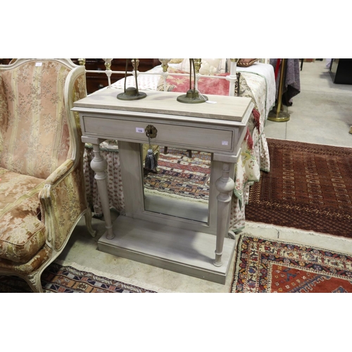 565 - Antique style painted hall console, with travatine top, fitted with a single drawer with key. Mirror... 