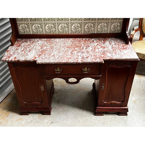 567 - Large antique tiled back marble topped washstand cabinet, of breakfront design, approx 200cm H x 137... 