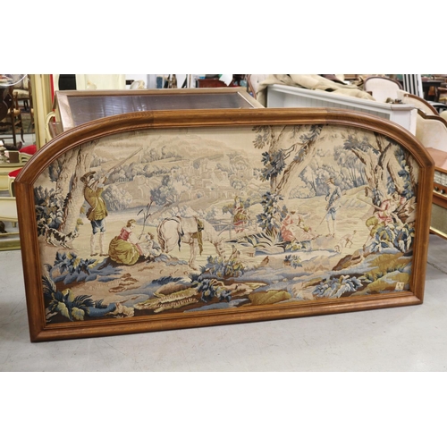 577 - Large French arched oak framed tapestry, showing hunting party, approx 103cm H x 200cm W