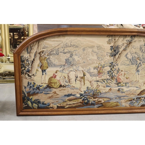 577 - Large French arched oak framed tapestry, showing hunting party, approx 103cm H x 200cm W