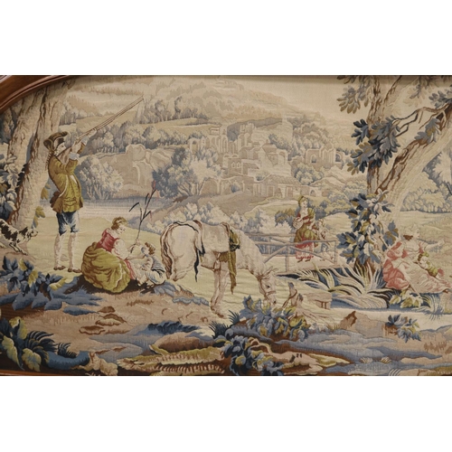 577 - Large French arched oak framed tapestry, showing hunting party, approx 103cm H x 200cm W