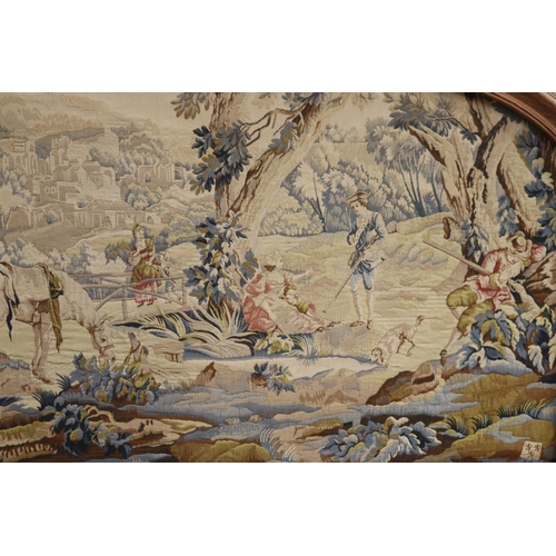 577 - Large French arched oak framed tapestry, showing hunting party, approx 103cm H x 200cm W