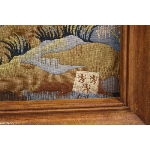 577 - Large French arched oak framed tapestry, showing hunting party, approx 103cm H x 200cm W