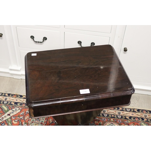 591 - Antique early Victorian rosewood sewing/ work table, with original fitted interior, approx 72cm H x ... 