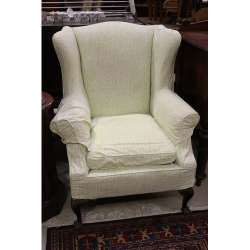 594 - English wing back armchair with white and green upholstery, approx 103cm H x 82cm W x 70cm D