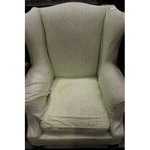 594 - English wing back armchair with white and green upholstery, approx 103cm H x 82cm W x 70cm D