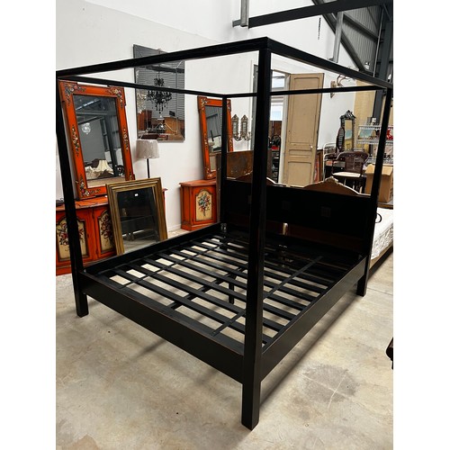 597 - Good quality Chinese black lacquer wooden four post canopy bed, approx 202cm H x 190cm W x 210cm D
