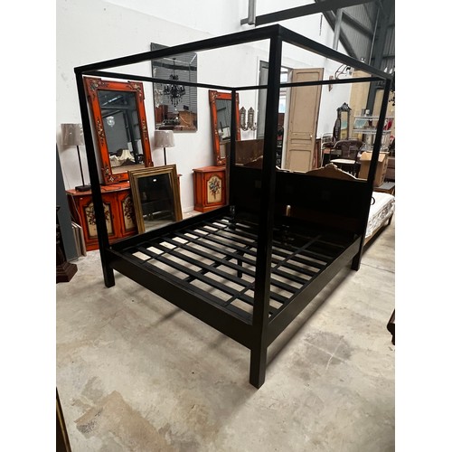 597 - Good quality Chinese black lacquer wooden four post canopy bed, approx 202cm H x 190cm W x 210cm D