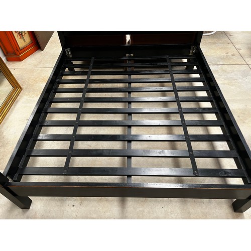 597 - Good quality Chinese black lacquer wooden four post canopy bed, approx 202cm H x 190cm W x 210cm D