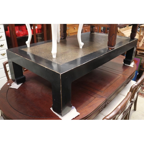 598 - Chinese black lacquer rattan cane top coffee table, approx 39cm H x 150cm W x 80cm D
