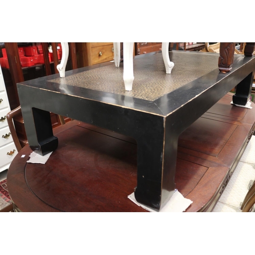 598 - Chinese black lacquer rattan cane top coffee table, approx 39cm H x 150cm W x 80cm D