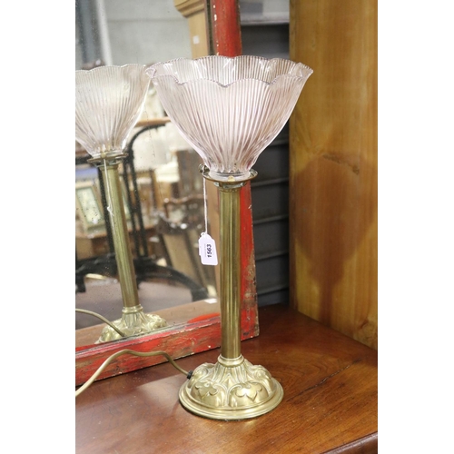 625 - Antique Art Nouveau brass lamp base, with later railways fluted glass shade, approx 48cm H