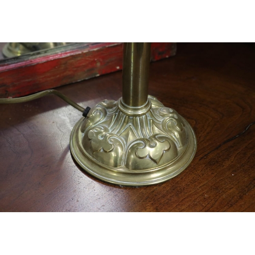 625 - Antique Art Nouveau brass lamp base, with later railways fluted glass shade, approx 48cm H