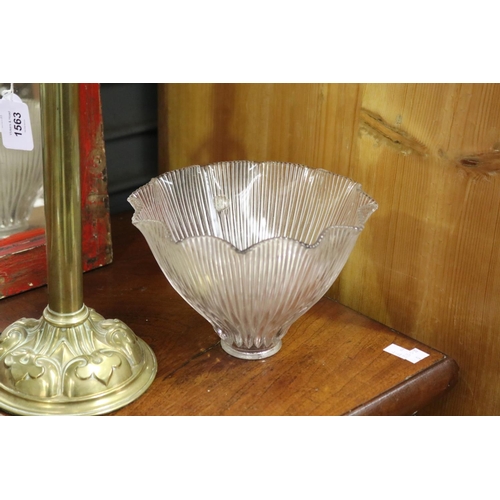 625 - Antique Art Nouveau brass lamp base, with later railways fluted glass shade, approx 48cm H