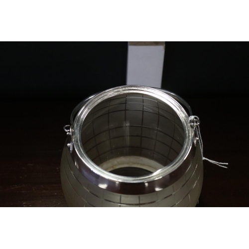 635 - Silver plate mounted Biscuit barrel, frosted glass barrel, approx 17cm H ex handle