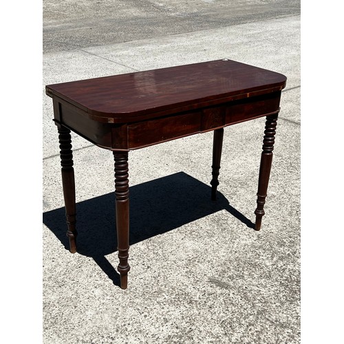 652 - Antique late Regency mahogany fold over tea table, standing on multi ring turned legs, approx 76cm H... 