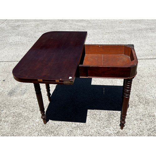 652 - Antique late Regency mahogany fold over tea table, standing on multi ring turned legs, approx 76cm H... 