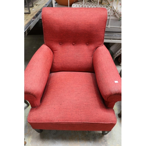 655 - Vintage red upholstered lounge arm chair, square tapering legs