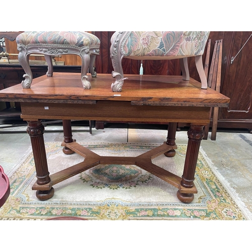 678 - Antique Austrian secessionist oak and rosewood drawer leaf dining table, circa 1910, approx 80 cm hi... 
