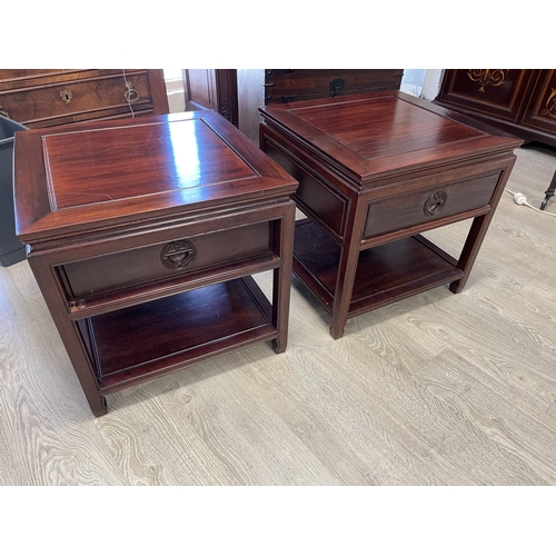 679 - Pair of Chinese rosewood square shape bedsides or lamp tables, each with single drawers, lower shelf... 