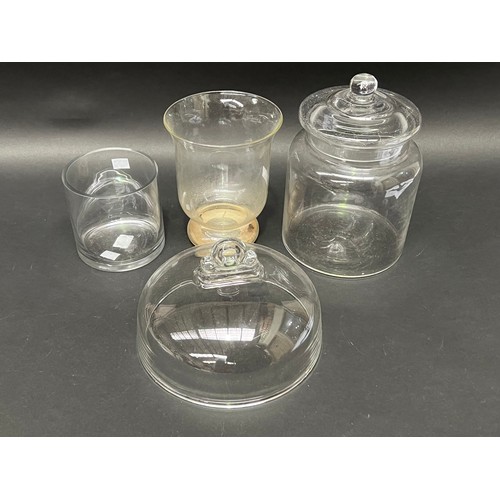 719 - Glass lolly jar, cover, candle hold and a vase, approx 23cm H and shorter (4)