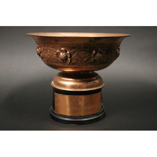 1146 - Tennis trophy. Inscribed, Pro Tennis Challenger 1991. Copper & wood. Approx 19cm H including stand x... 