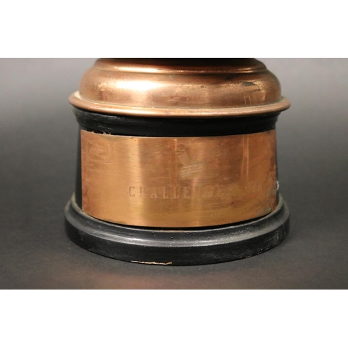 1146 - Tennis trophy. Inscribed, Pro Tennis Challenger 1991. Copper & wood. Approx 19cm H including stand x... 