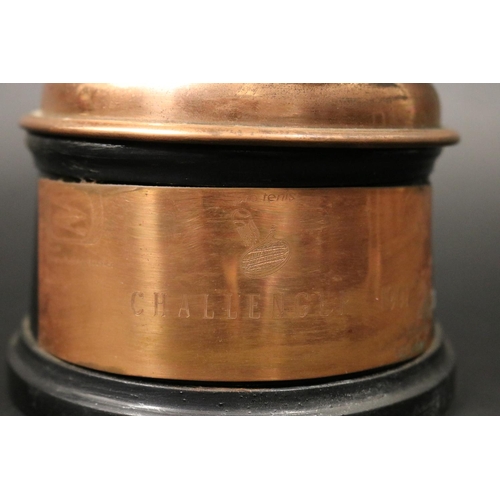 1146 - Tennis trophy. Inscribed, Pro Tennis Challenger 1991. Copper & wood. Approx 19cm H including stand x... 