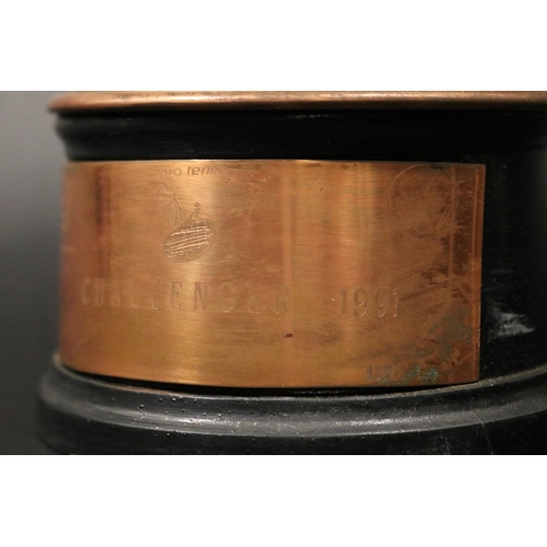 1146 - Tennis trophy. Inscribed, Pro Tennis Challenger 1991. Copper & wood. Approx 19cm H including stand x... 