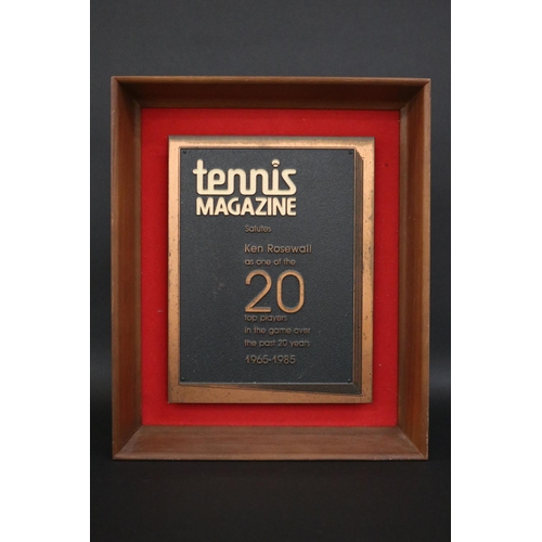 1313 - Framed award. Tennis Magazine Salutes Ken Rosewall as one of the 20 top players in the game over the... 