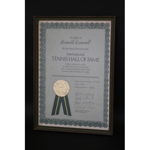 1315 - Framed award for the International Tennis Hall Of Fame. Approx 35cm x 24cm. Provenance: Ken Rosewall... 